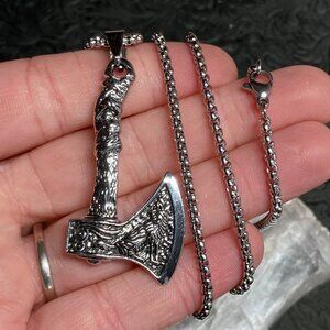 Dual Sided Nordic Viking Wolf Crane Hatchet Axe Pendant Necklace